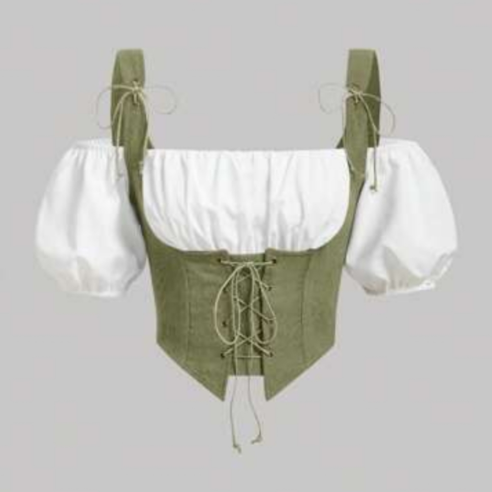 SHEIN Olive Green Corset Blouse with White Sleeves